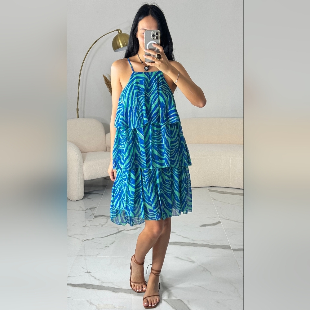 Blue and Green Leaf Print Dress